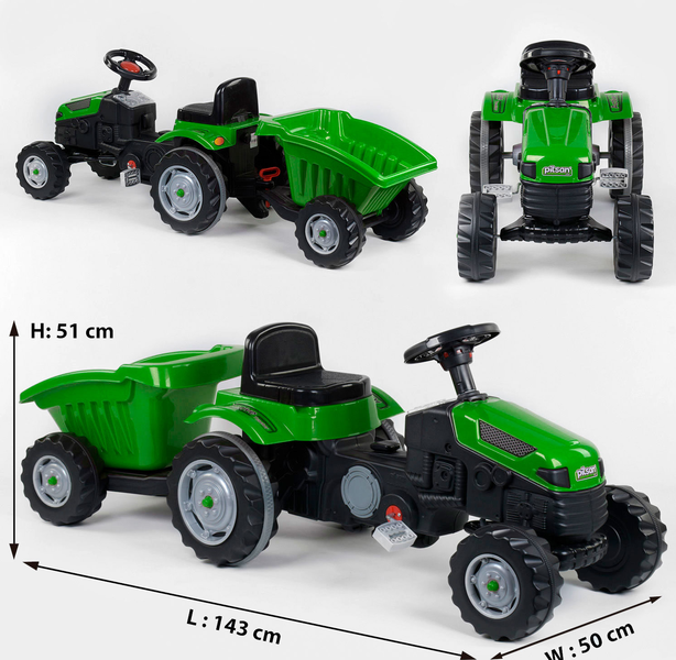 Купить Трактор педальний з причепом 07-316 GREEN клаксон на кермі, сидіння регульоване, задні колеса 